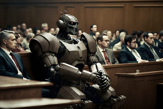 Anthropomorphic robot in human court, neural network generated art. AI law concept. Digitally generated image. Not based on any actual person, scene or pattern.