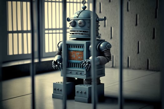 Cartoonish robot in jail behind the bars. AI crime concept. Digitally generated image. Not based on any actual person, scene or pattern.