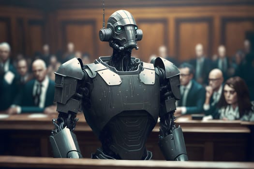 Anthropomorphic robot in human court, neural network generated art. AI law concept. Digitally generated image. Not based on any actual person, scene or pattern.