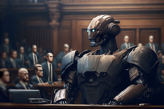 Anthropomorphic robot in human court, neural network generated art. AI law concept. Digitally generated image. Not based on any actual person, scene or pattern.