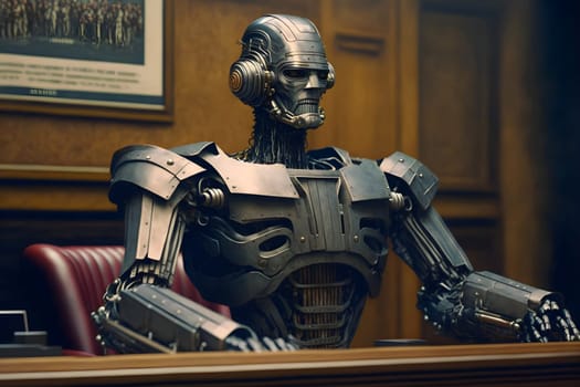 Anthropomorphic robot in human court, neural network generated art. AI law concept. Digitally generated image. Not based on any actual person, scene or pattern.