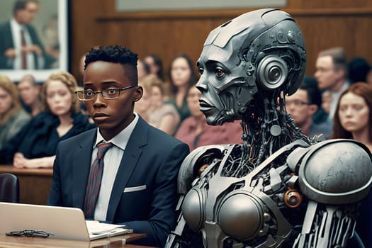 Anthropomorphic robot in human court, neural network generated art. AI law concept. Digitally generated image. Not based on any actual person, scene or pattern.