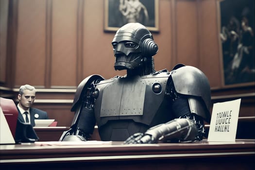 Anthropomorphic robot in human court, neural network generated art. AI law concept. Digitally generated image. Not based on any actual person, scene or pattern.