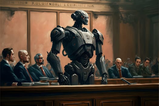 Anthropomorphic robot in human court, neural network generated art. AI law concept. Digitally generated image. Not based on any actual person, scene or pattern.