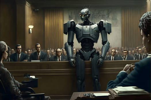 Anthropomorphic robot in human court, neural network generated art. AI law concept. Digitally generated image. Not based on any actual person, scene or pattern.