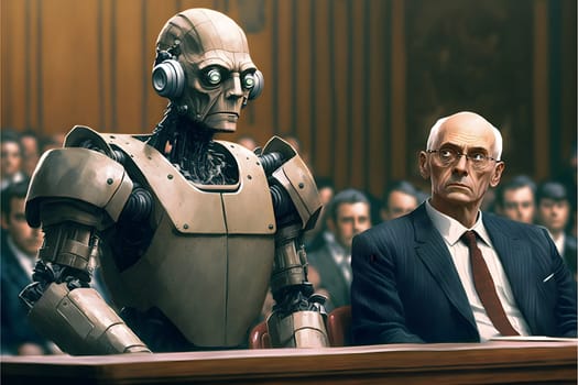Anthropomorphic robot in human court, neural network generated art. AI law concept. Digitally generated image. Not based on any actual person, scene or pattern.