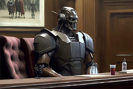 Anthropomorphic robot in human court, neural network generated art. AI law concept. Digitally generated image. Not based on any actual person, scene or pattern.