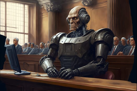 Anthropomorphic robot in human court, neural network generated art. AI law concept. Digitally generated image. Not based on any actual person, scene or pattern.