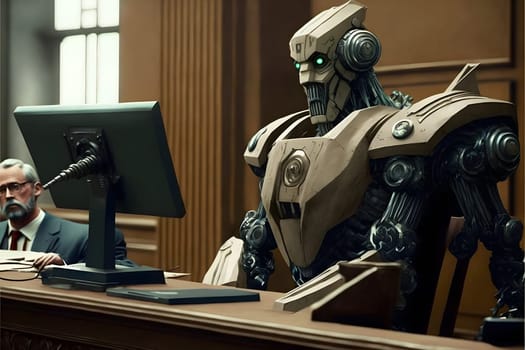 Anthropomorphic robot in human court, neural network generated art. AI law concept. Digitally generated image. Not based on any actual person, scene or pattern.