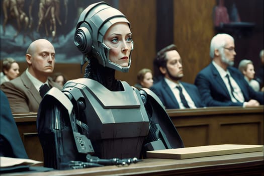Anthropomorphic robot in human court, neural network generated art. AI law concept. Digitally generated image. Not based on any actual person, scene or pattern.