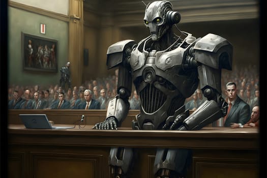 Anthropomorphic robot in human court, neural network generated art. AI law concept. Digitally generated image. Not based on any actual person, scene or pattern.