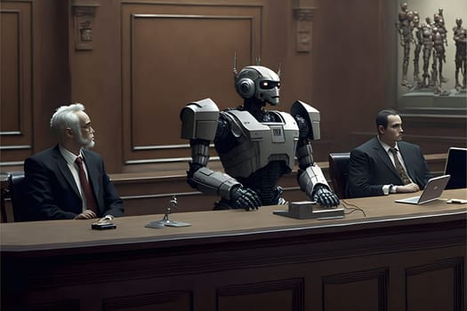 Anthropomorphic robot in human court, neural network generated art. AI law concept. Digitally generated image. Not based on any actual person, scene or pattern.