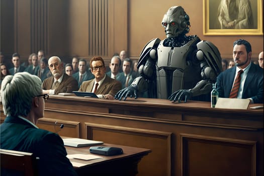 Anthropomorphic robot in human court, neural network generated art. AI law concept. Digitally generated image. Not based on any actual person, scene or pattern.