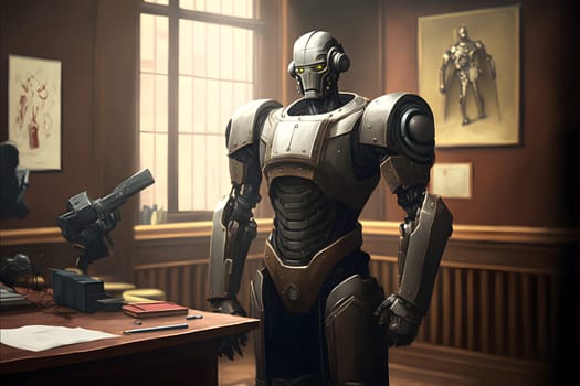 Anthropomorphic robot in human court, neural network generated art. AI law concept. Digitally generated image. Not based on any actual person, scene or pattern.