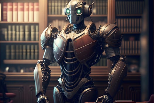 Anthropomorphic robot in human court, neural network generated art. AI law concept. Digitally generated image. Not based on any actual person, scene or pattern.