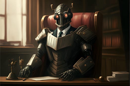 Anthropomorphic robot in human court, neural network generated art. AI law concept. Digitally generated image. Not based on any actual person, scene or pattern.