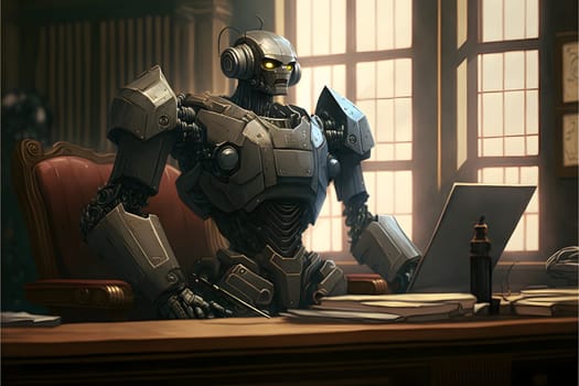 Anthropomorphic robot in human court, neural network generated art. AI law concept. Digitally generated image. Not based on any actual person, scene or pattern.