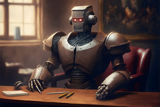 Anthropomorphic robot in human court, neural network generated art. AI law concept. Digitally generated image. Not based on any actual person, scene or pattern.