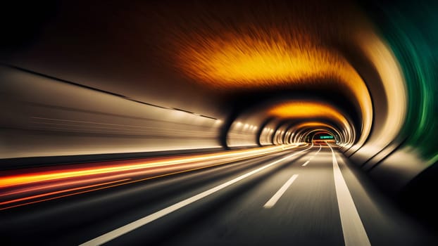 Speed light trail in empty highway tunnel, neural network generated in spring 2023. Not based on any actual scene or pattern.