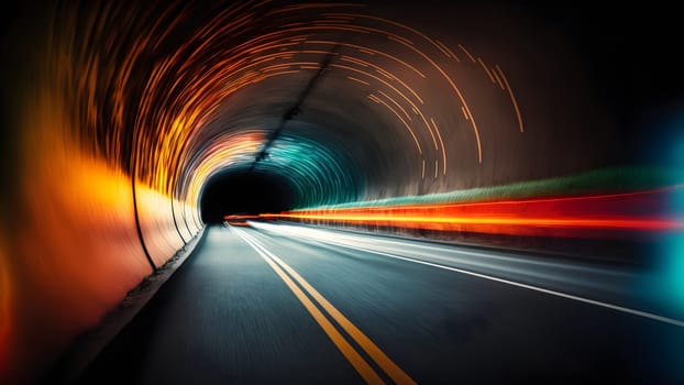 Speed light trail in empty highway tunnel, neural network generated in spring 2023. Not based on any actual scene or pattern.