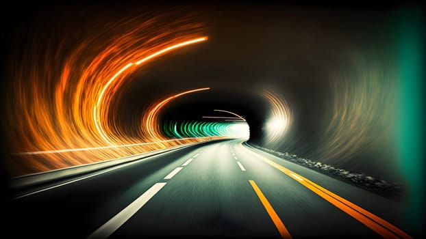 Speed light trail in empty highway tunnel, neural network generated in spring 2023. Not based on any actual scene or pattern.