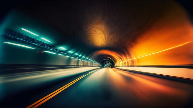 Speed light trail in empty highway tunnel, neural network generated in spring 2023. Not based on any actual scene or pattern.