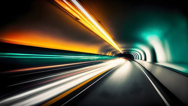 Speed light trail in empty highway tunnel, neural network generated in spring 2023. Not based on any actual scene or pattern.