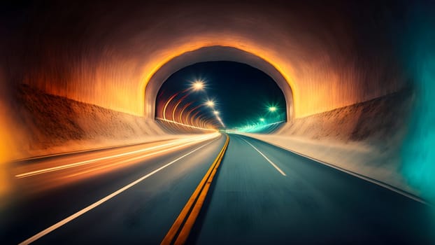 Speed light trail in empty highway tunnel, neural network generated in spring 2023. Not based on any actual scene or pattern.