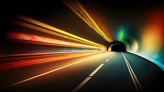 Speed light trail in empty highway tunnel, neural network generated in spring 2023. Not based on any actual scene or pattern.