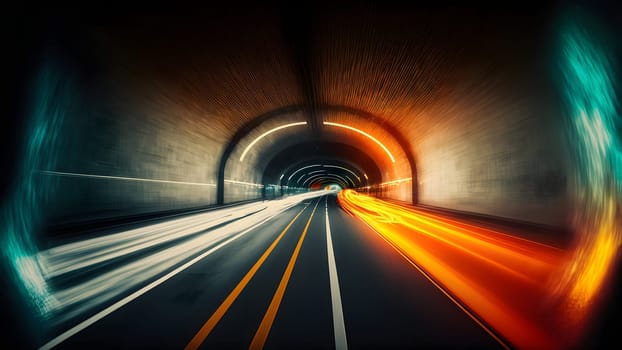 Speed light trail in empty highway tunnel, neural network generated in spring 2023. Not based on any actual scene or pattern.