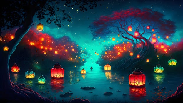 surreal fantasy lantern festival, colorful lanterns glowing brightly on night river surface, neural network generated in spring 2023. Not based on any actual scene or pattern.