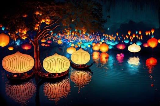 surreal fantasy lantern festival, colorful lanterns glowing brightly on night river surface, neural network generated in spring 2023. Not based on any actual scene or pattern.
