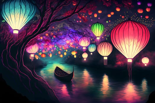 surreal fantasy lantern festival, colorful lanterns on trees glowing brightly over night river surface, neural network generated in spring 2023. Not based on any actual scene or pattern.