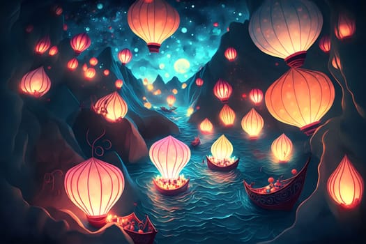 surreal fantasy lantern festival, colorful lanterns glowing brightly on night river surface, neural network generated in spring 2023. Not based on any actual scene or pattern.
