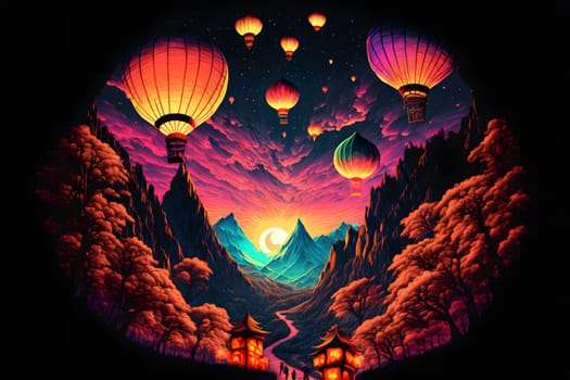 fantasy lanterns flying above picturesque mountain valley landscape, neural network generated in spring 2023. Not based on any actual scene or pattern.