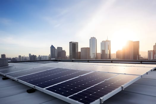 solar panels on city rooftop with downtown and blue sky in the background, neural network generated art. Digitally generated image. Not based on any actual person, scene or pattern.