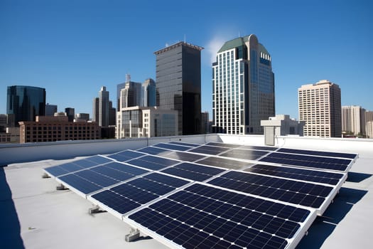 solar panels on city rooftop with downtown and blue sky in the background. Neural network generated in may 2023. Not based on any actual person, scene or pattern.