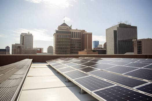 solar panels on city rooftop with downtown and blue sky in the background. Neural network generated in may 2023. Not based on any actual person, scene or pattern.