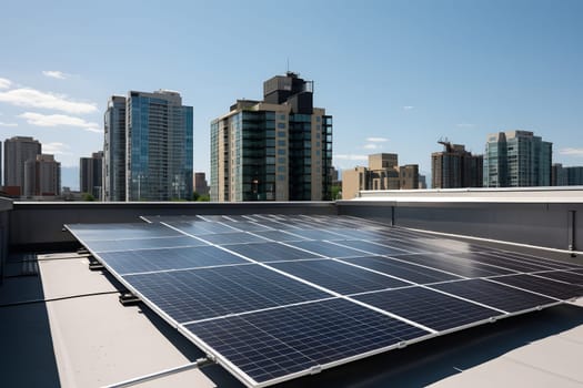solar panels on city rooftop with downtown and blue sky in the background. Neural network generated in may 2023. Not based on any actual person, scene or pattern.