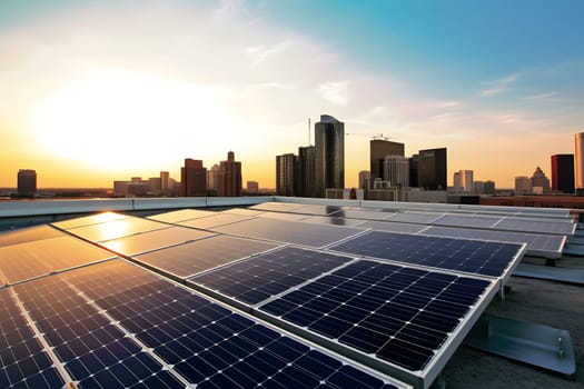 solar panels on city rooftop with downtown and blue sky in the background. Neural network generated in may 2023. Not based on any actual person, scene or pattern.