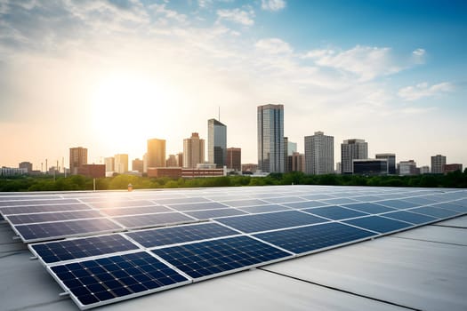 solar panels on city rooftop with downtown and blue sky in the background. Neural network generated in may 2023. Not based on any actual person, scene or pattern.