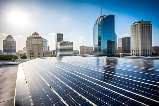 solar panels on city rooftop with downtown and blue sky in the background. Neural network generated in may 2023. Not based on any actual person, scene or pattern.