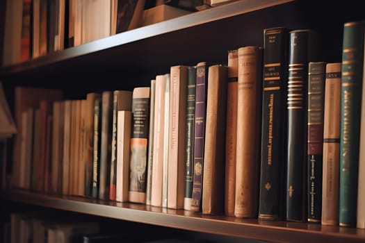 many books on shelf - full-frame view, neural network generated image. Digitally generated image. Not based on any actual person, scene or pattern.