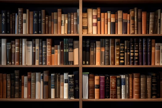 many books on shelf - full-frame view, neural network generated image. Digitally generated image. Not based on any actual person, scene or pattern.