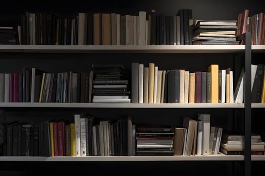 many books on shelf - full-frame view, neural network generated image. Digitally generated image. Not based on any actual person, scene or pattern.