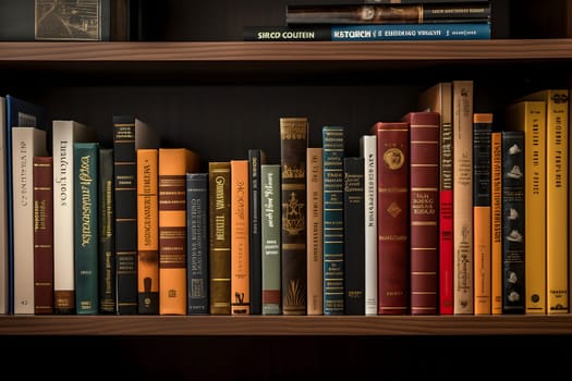 many books on shelf - full-frame view, neural network generated image. Digitally generated image. Not based on any actual person, scene or pattern.