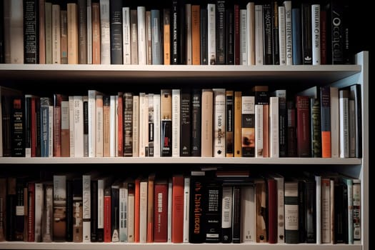 many books on shelf - full-frame view. Neural network generated in may 2023. Not based on any actual person, scene or pattern.