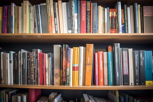 many books on shelf - full-frame view. Neural network generated in may 2023. Not based on any actual person, scene or pattern.