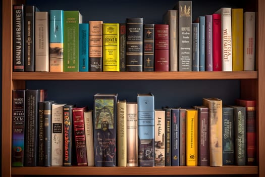 many books on shelf - full-frame view. Neural network generated in may 2023. Not based on any actual person, scene or pattern.