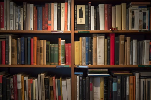many books on shelf - full-frame view. Neural network generated in may 2023. Not based on any actual person, scene or pattern.